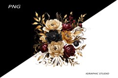 Black and Gold Flowers PNG, Watercolor Floral, Bouquet Product Image 1