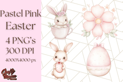 Pastel Pink Easter Bunny Egg and Flowers Clipart PNG Product Image 1