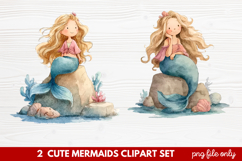 2 Cute Mermaids Clipart Set | Whimsical Mermaid Illustration Product Image 1