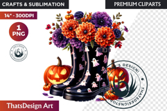 Halloween Floral Rain Boots - Cute Witchy Garden Clipart PNG Product Image 1