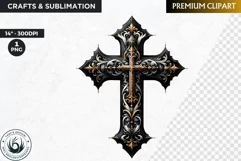 Watercolor Christian clipart PNG, black and gold cross Product Image 1