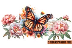 Watercolor Butterflies With Flowers Clipart PNG , Product Image 1