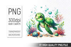 Floral Sea Turtle Clipart, Watercolor Sea Turtle PNG File Product Image 1