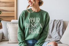 Gildan 18000 Military Green Crewneck Sweatshirt Mockups,G180 Product Image 1