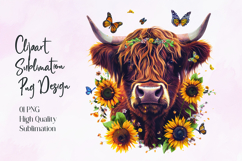 Highland Cow Sunflower Floral Sublimation PNG Product Image 1