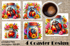 Watercolor Lady Bug Square Coaster PNG. Coaster Sublimation Product Image 1
