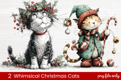 2 Whimsical Christmas Cats Clipart | Cute Holiday Cat PNG Product Image 1