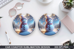 Snowman Car Coaster Sublimation|Christmas Coaster PNG Design Product Image 1