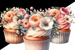 Watercolor Dessert Prints, Floral Cupcakes Png Instant Product Image 2