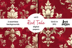 Red Toile de Jouy Digital Paper Kit Rococo Patterns Product Image 1