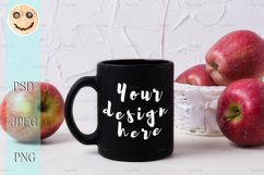 Black coffee mug mockup with apples in white basket Product Image 1