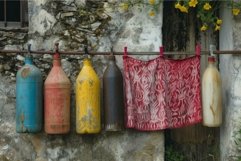 Vintage bottles and patterned cloth line Product Image 1