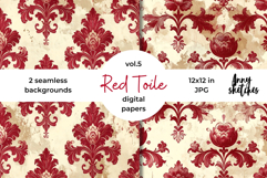 Red Toile de Jouy Digital Paper Kit Rococo Patterns Product Image 1
