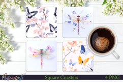 Watercolor Square Coasters | Dragonflies and Butterflies Product Image 1