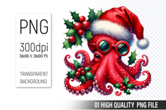 Watercolor Christmas Octopus Clipart PNG Bundle, 23 Designs Product Image 13