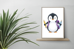 Cute Penguin with Backpack Holding Pencils Watercolor PNG Product Image 2