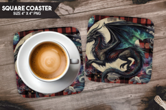 Dragon, Fantasy &amp; Whimsy, Buffalo Plaid Square Coaster PNG Product Image 1