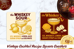 Vintage Cocktail Recipe square coasters. Sublimation PNG. Product Image 1
