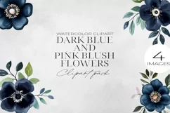 Dark Blue & Blush Pink Flowers Clipart PNG. Product Image 1