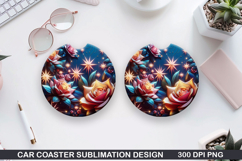 Roses Car Coaster Sublimation| Christmas Coaster PNG Design Product Image 1
