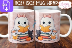 Cute Halloween mug wrap PNG, Book lover mug template Product Image 2