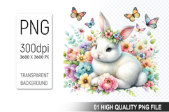 Floral Bunny Clipart PNG, Watercolor Animal with Flowers Product Image 1
