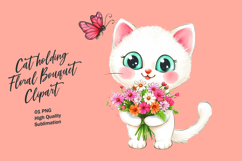 Cat holding floral bouquet watercolor clipart Product Image 1