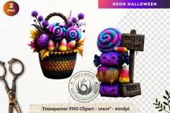 Neon Halloween Character Clipart Spooky Kawaii treats PNG Product Image 1