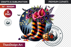 Halloween Floral Rain Boots - Cute Witchy Garden Clipart PNG Product Image 1