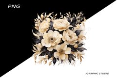 Black and Gold Flowers PNG, Watercolor Floral, Bouquet Product Image 1