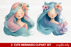 2 Cute Mermaids Clipart Set | Whimsical Mermaid Illustration Product Image 1