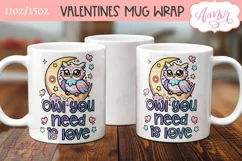 Cute Valentines Mug Wrap PNG, Valentines Owl mug png design Product Image 2
