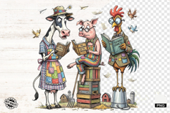 Whimsical Farm Animals Love Reading - Animals Clipart Product Image 1