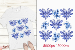 Chinoiserie T-shirt design floral dragonfly, blue orchid PNG Product Image 1