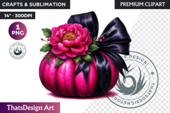 Floral Pink Coquette Pumpkin with bow PNG, Autumn Girly bow Product Image 1