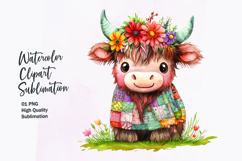 Watercolor kawaii highland cow patchwork patterned clipart Product Image 1