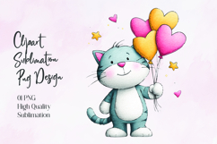 Cute Cat Holding Heart Balloons Sublimation PNG Product Image 1