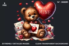 Valentine Love Teddy bear PNG with hearts and letters Product Image 2