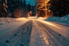 Winter road at twilight with falling snow Product Image 1