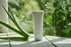White cosmetic tube standing on table with aloe vera in sunl Product Image 1
