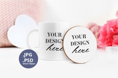White Coffee Mug & Round Coaster mockup Valentine's Day PSD Product Image 3