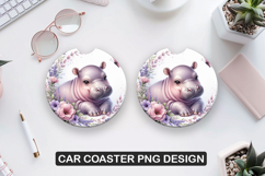 Hippo Car Coaster Sublimation| Animal Coaster PNG Product Image 1