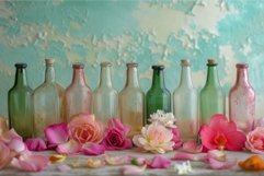 Vintage bottles with elegant flowers on rustic backdrop Product Image 1