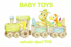 Watercolor clipart. Wooden locomotive, Zebra, rocking horse. Product Image 1