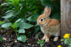 Cute brown rabbit sits nestled among green plants in a tranq Product Image 1