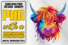 Highland Cow Sublimation PNG, Watercolor Cow, Rainbow PNG Product Image 1