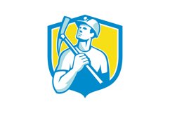 Coal Miner Holding Pick Axe Looking Up Shield Retro Product Image 1