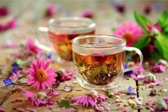 Herbal tea elegance in glass cups amidst flowers Product Image 1