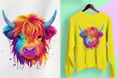 Highland Cow Sublimation PNG, Watercolor Cow, Rainbow PNG Product Image 2