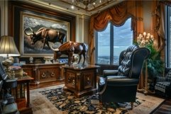 Luxurious home office featuring wooden desk and leather armc Product Image 1